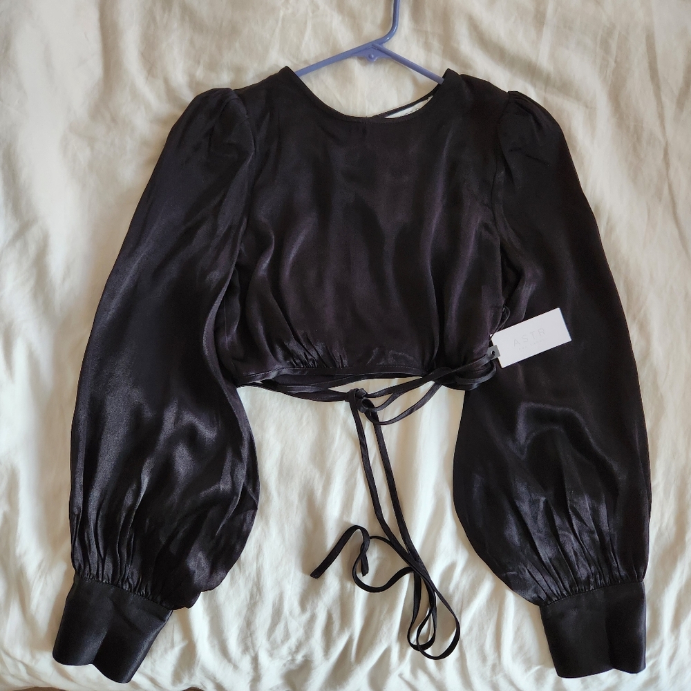 Astr the Label - Black Satin Tie Waist Top Size Small